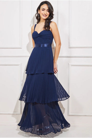 Pleated Chiffon Tiered Maxi Dress - Navy Goddiva